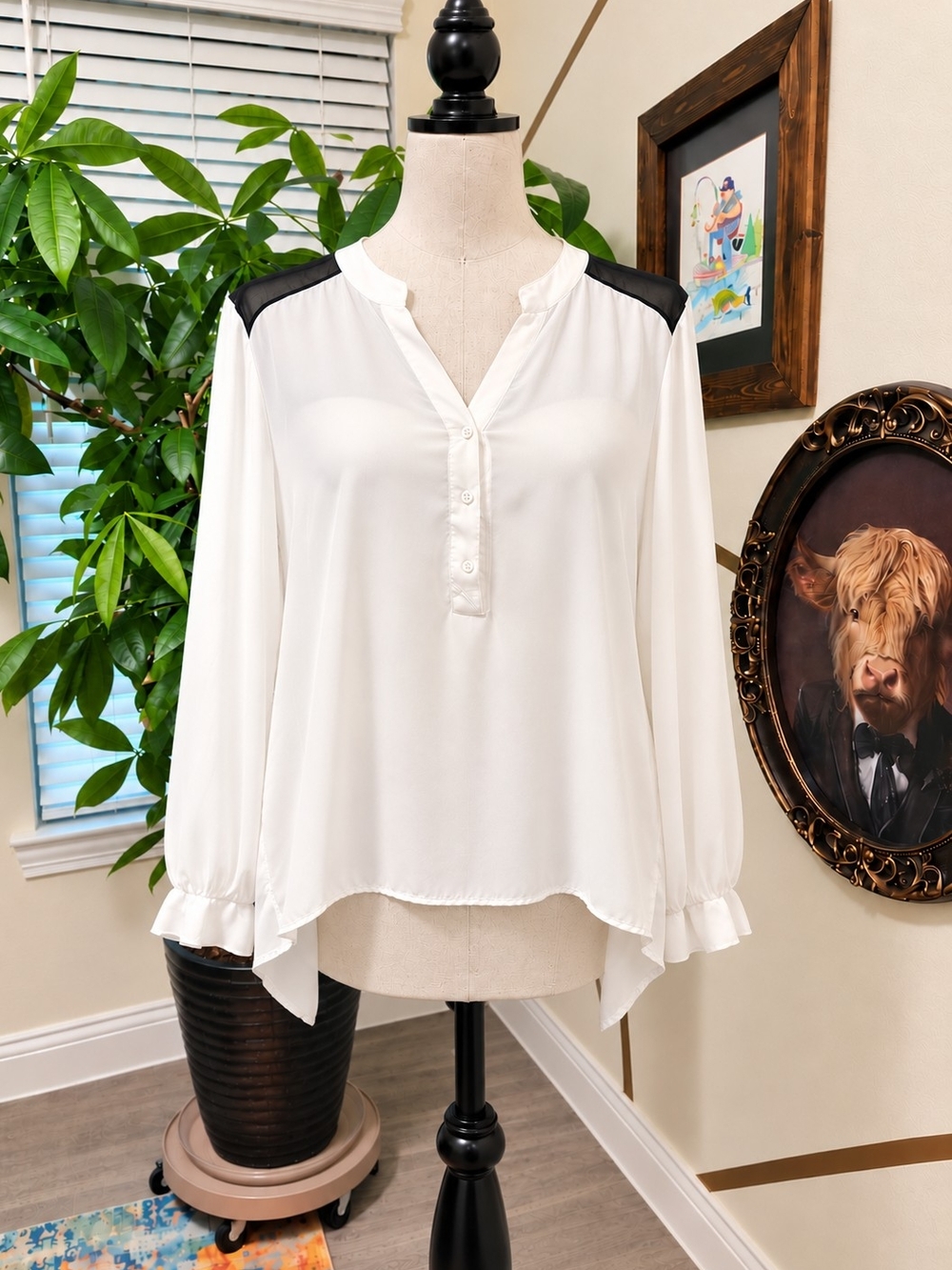 Mossimo Supply Co. White Blouse with Black Shoulder Panels
